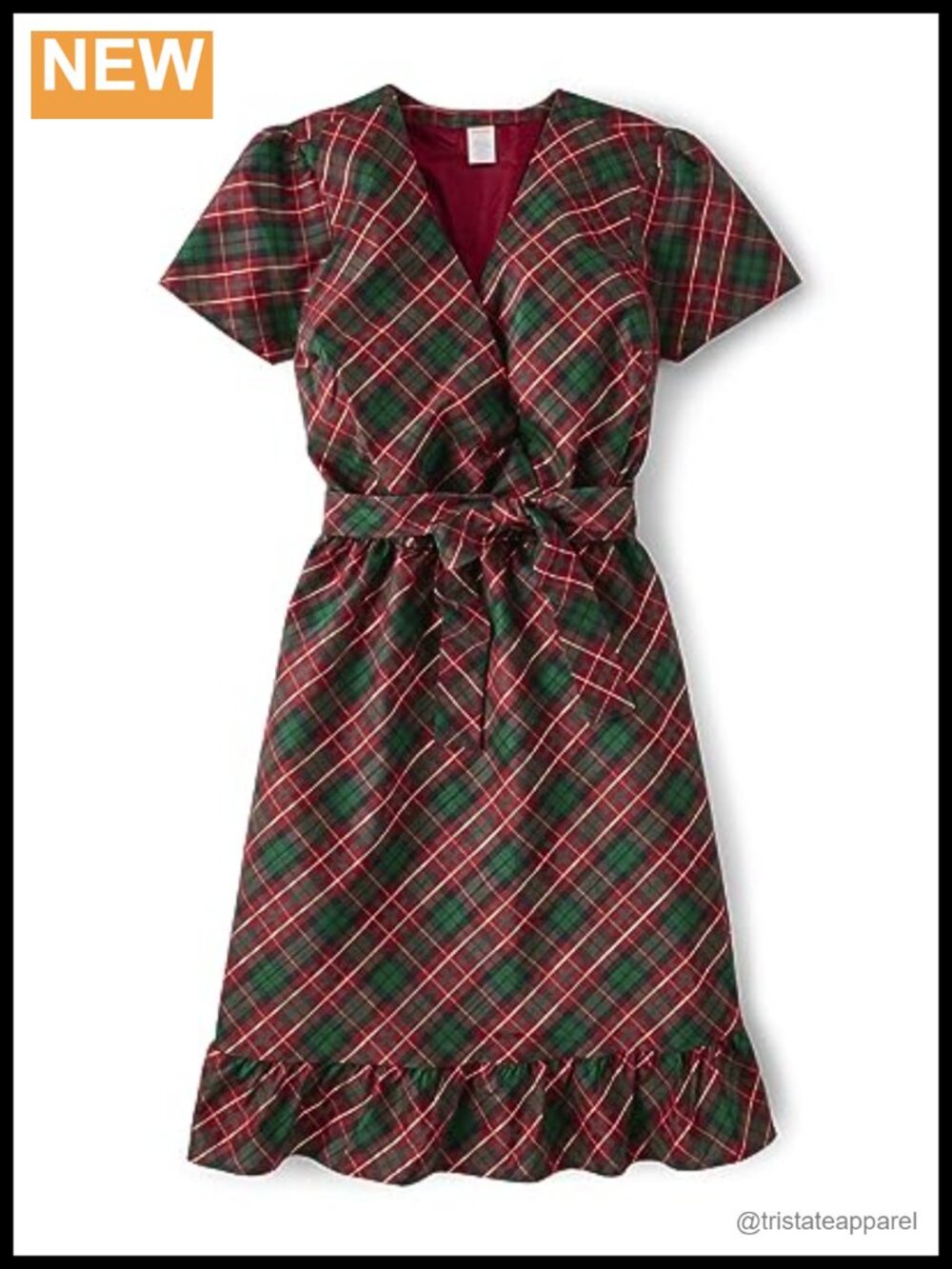 Girls Tie Front Wrap Dress Plaid Metallic Thread Shimmer Holiday Party